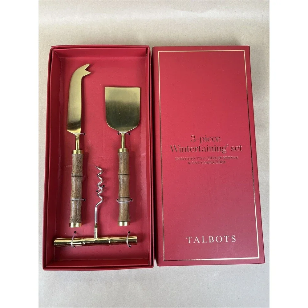 Talbots 3 Pc Cheeseknives and Corkscrew Wintertaining Set‎ New Bamboo Style Gift